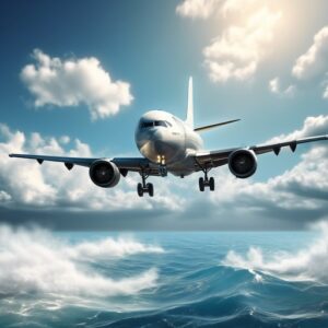 Plane flying over the ocean, travel abroad