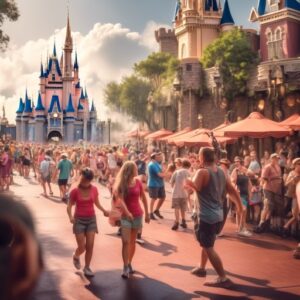 People walking around walt disney world in the dead heat of summer. What do you need at disney in the summertime?